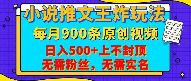 小说推文王炸玩法，一键代发，每月最多领900条原创视频，播放量收益日入5张，无需粉丝，无需实名【揭秘】-赢家共创-资源网-最新项目分享网