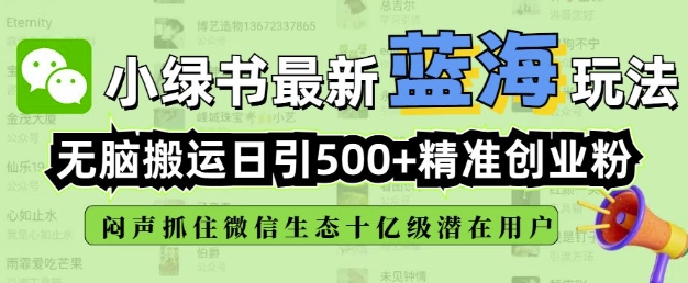 小绿书无脑搬运引流，全自动日引500精准创业粉，微信生态内又一个闷声发财的机会-赢家共创-资源网-最新项目分享网