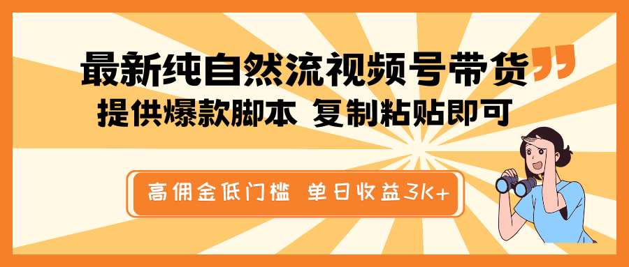 最新纯自然流视频号带货，提供爆款脚本简单 复制粘贴即可，高佣金低门槛，单日收益3K+-赢家共创-资源网-最新项目分享网