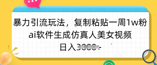暴力引流玩法，复制粘贴一周1w粉，ai软件生成仿真人美女视频，日入多张-赢家共创-资源网-最新项目分享网