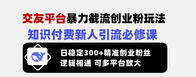 交友平台暴力截流创业粉玩法，知识付费新人引流必修课，日稳定300+精准创业粉丝，逻辑相通可多平台放大-赢家共创-资源网-最新项目分享网
